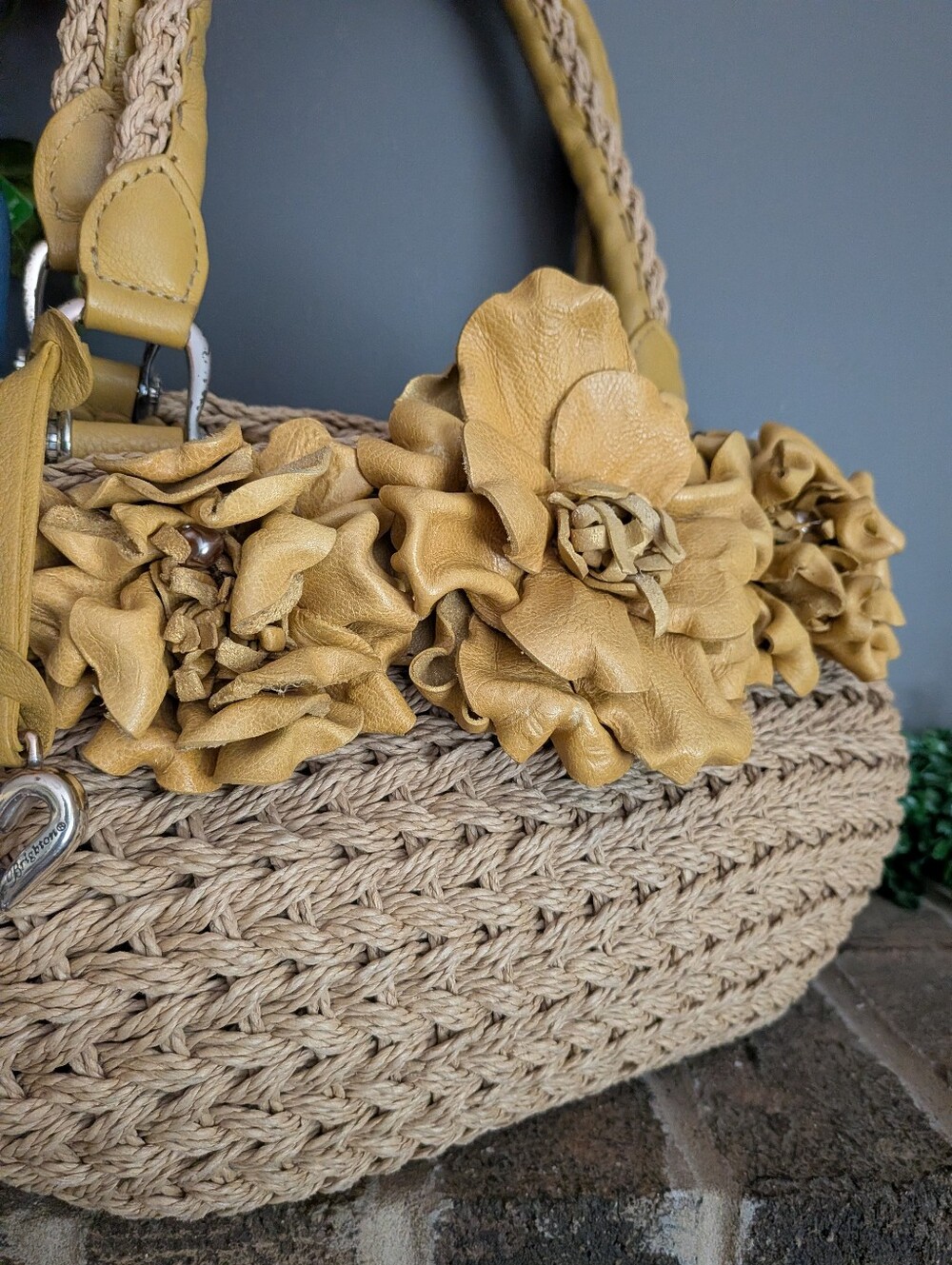 Brighton Soft Woven Handbag with Yellow Leather Floral Trim - Picture 3 of 11